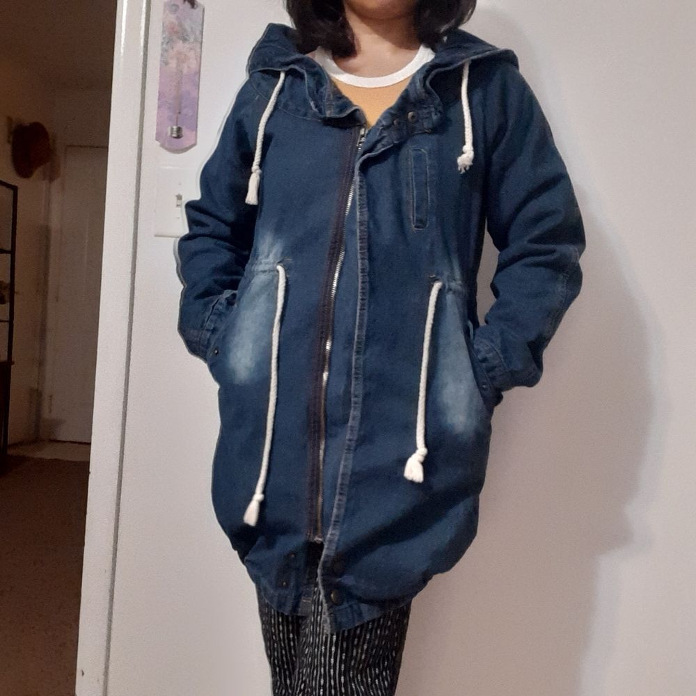 Women's Long Lined Hooded Jean Denim Jacket Small Medium